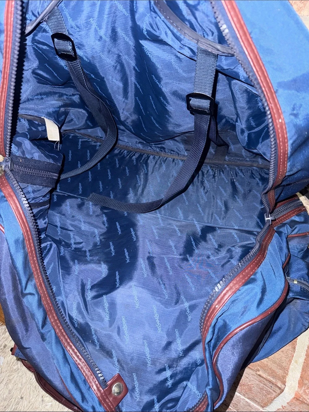 YSL Leather-Trim Navy Duffel Bag with Burgundy Accents
